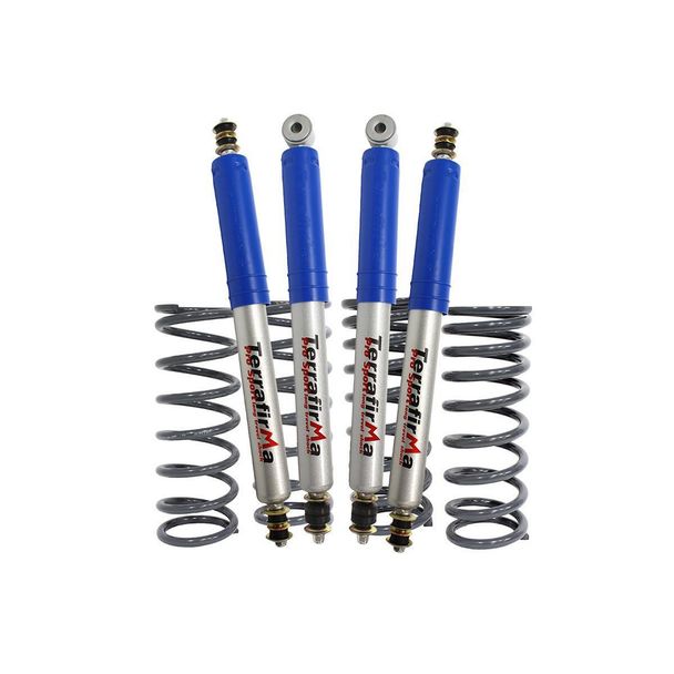 Terrafirma Defender Pro Sport Suspension Kit +2" Lift Medium Load, steering suspension shocks and coil springs for off-road vehicle upgrade.