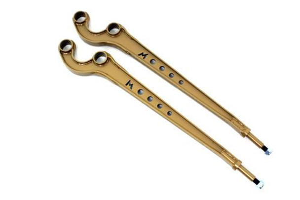 Terrafirma 3 Degree Caster Corrected Front Radius Arms for Defender, Discovery 1, Range Rover Classic | TF508, gold-coloured suspension control arms with eyelet mounts and adjustable ends. Terrafirma 3 Degree Caster Corrected Front Radius Arms for Defender, Discovery 1, Range Rover Classic | TF508, gold-coloured suspension control arms with eyelet mounts and adjustable ends.