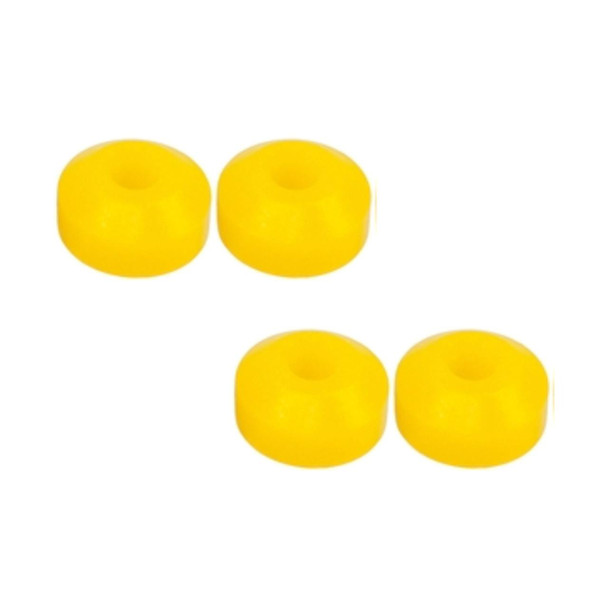 Britpart Rear Shock Absorber Lower Polyurethane Bush Kit - RNF100090YELLOW for Defender, yellow polyurethane bush kit for shock absorbers, four yellow bushing components for Defender vehicle suspension.