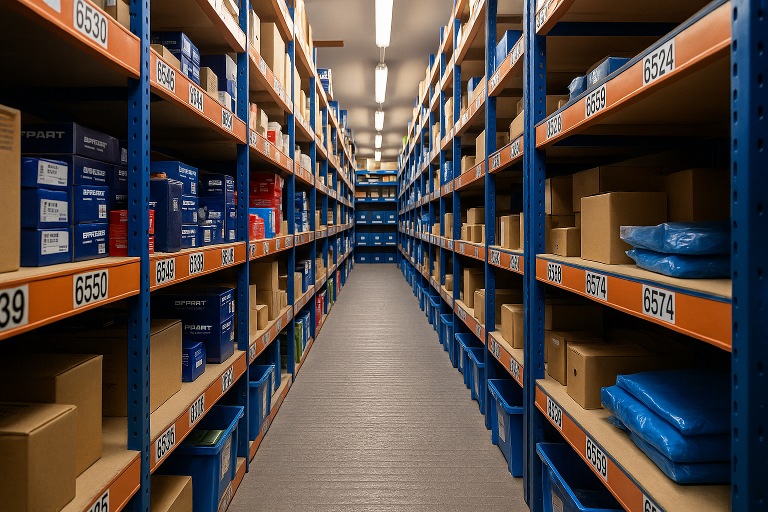 Shelves of Land Rover parts held in stock inside the JGS4x4 warehouse