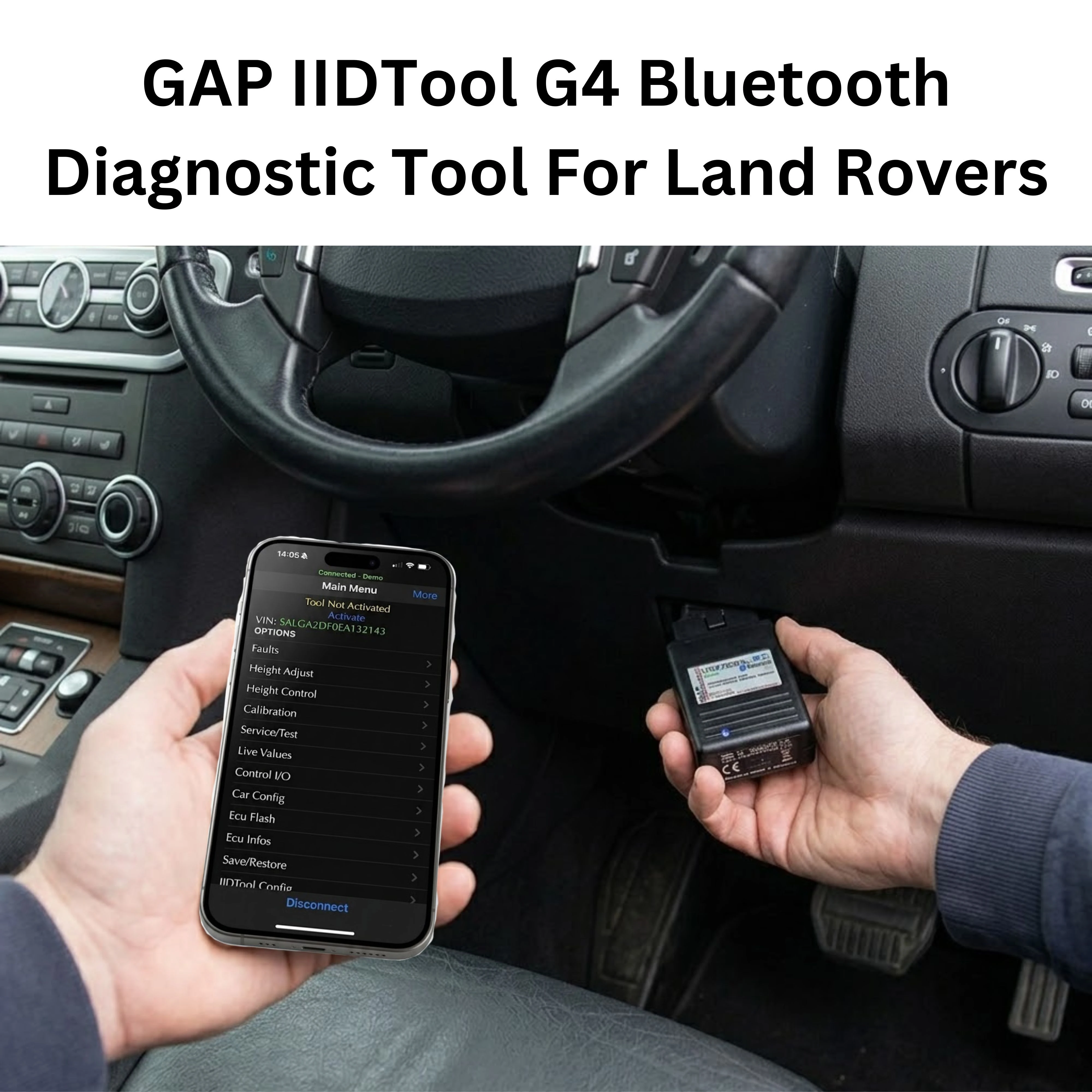 GAP IIDTool G4 Bluetooth Diagnostic Code Reader for Land Rover vehicles displayed with a rugged Defender SUV, highlighting key features including comprehensive diagnostics and wireless connectivity.