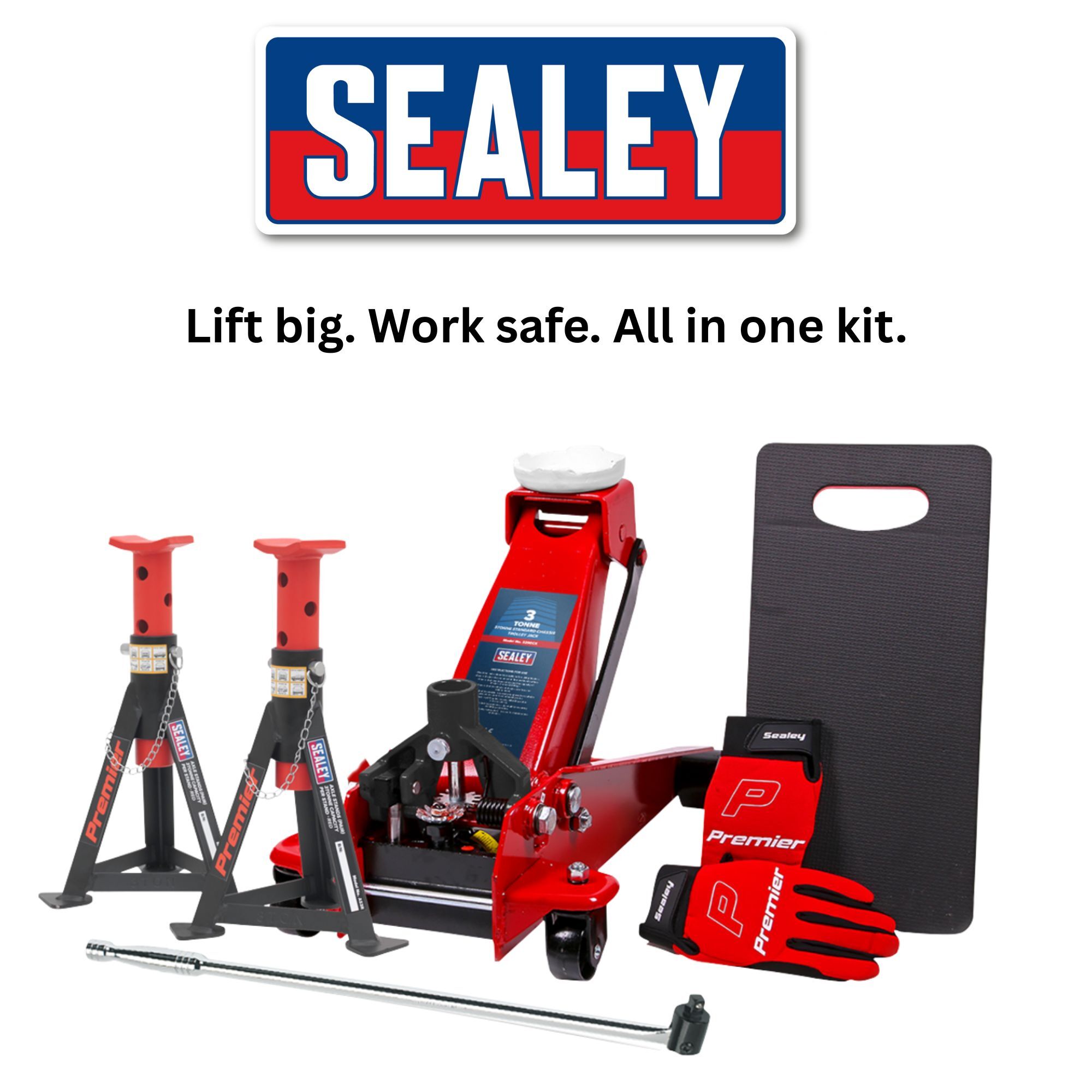 Lift Big. Work Safe with this great value 3 Tonne trolley jack and axle stand  combo kit.