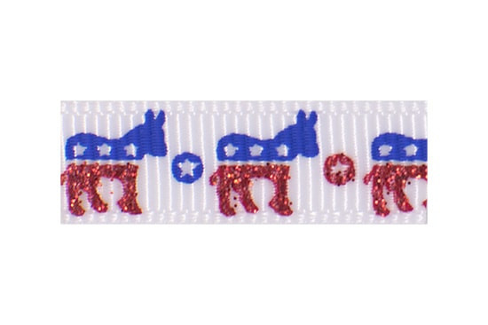 Sparkly royal blue and red donkeys on white ribbon