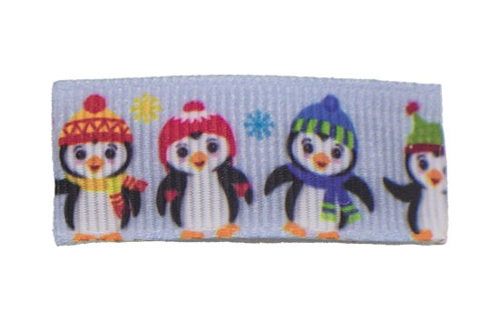 Black and White Penguins wearing assorted color hats and scarves, on a millennium blue background