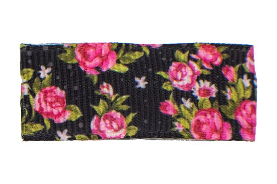 Toddler hair barrette with coral rose flowers with sage green leaves on black background