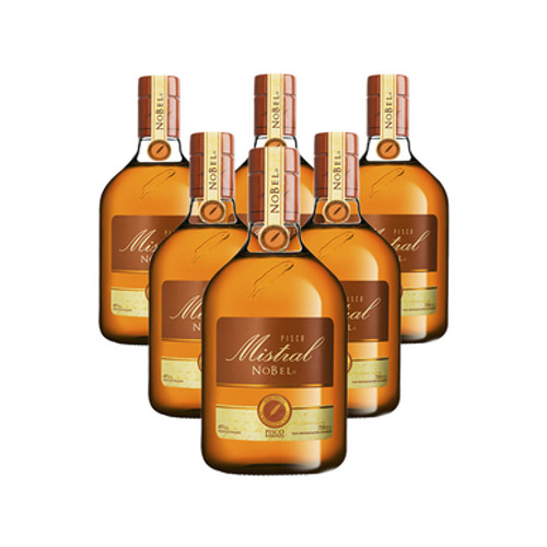 6 bottles of Pisco Mistral Nobel bottles on white background