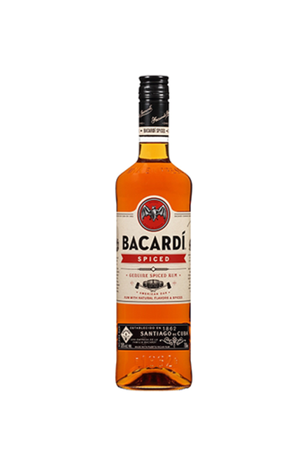 a bottle of Bacardi Spiced Rum, liquor is brown in color