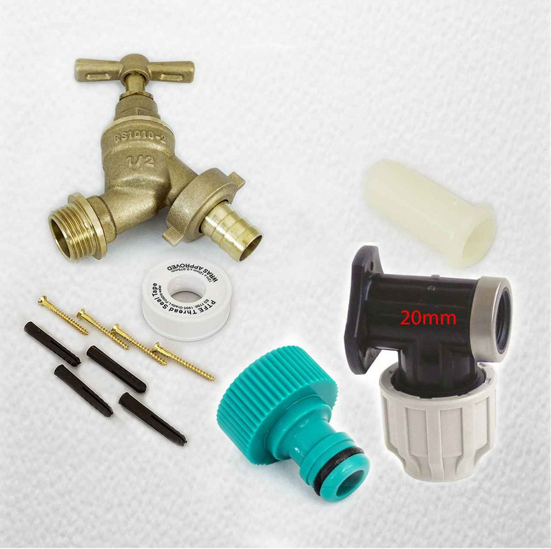 20mm MDPE Outside Tap Kit With Plastic Wall Plate and Garden Hose Fitting FTB2886 5055639196025