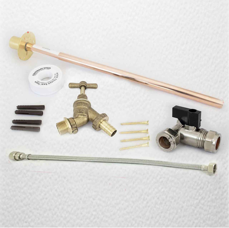 OUTSIDE 1/2 HOSE UNION BIB TAP SET COMPLETE FIXING KIT and THROUGH WALL 450mm BACKPLATE FTB5383 5055639139961