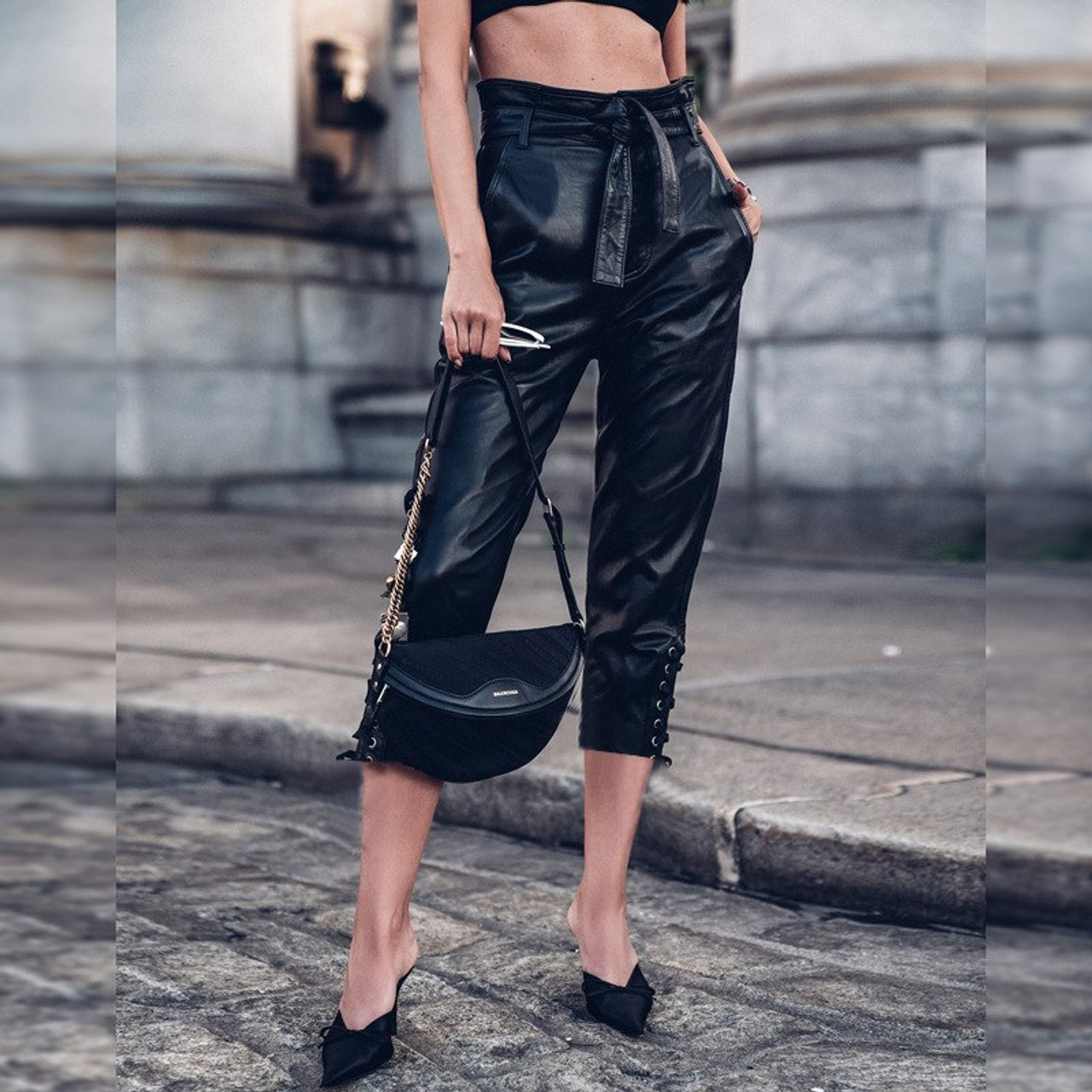 womens high waisted leather trousers