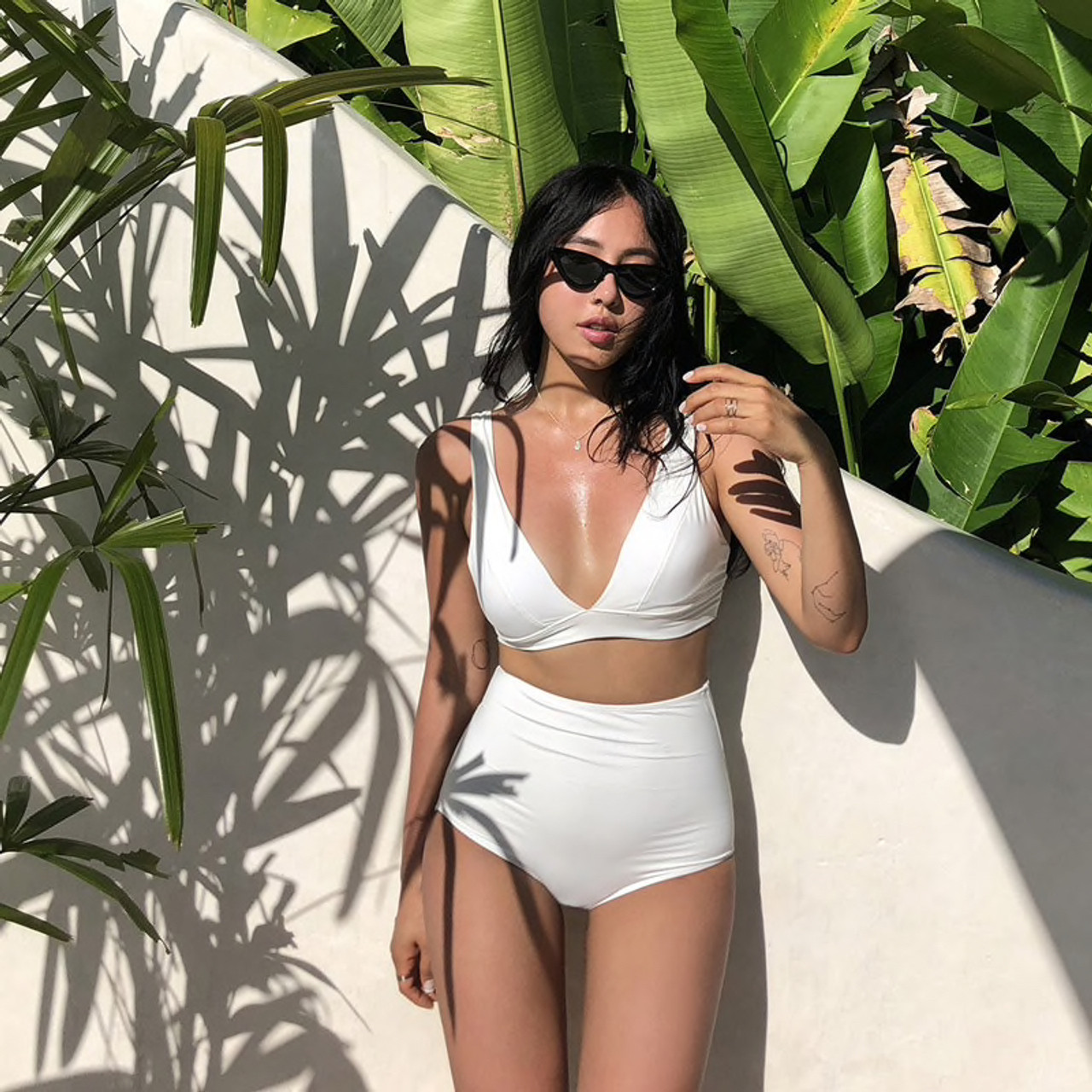 white two piece high waisted bathing suit