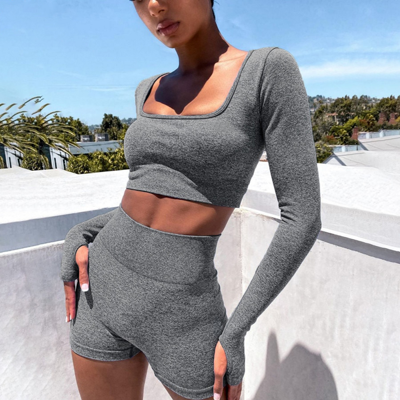 gray biker short set