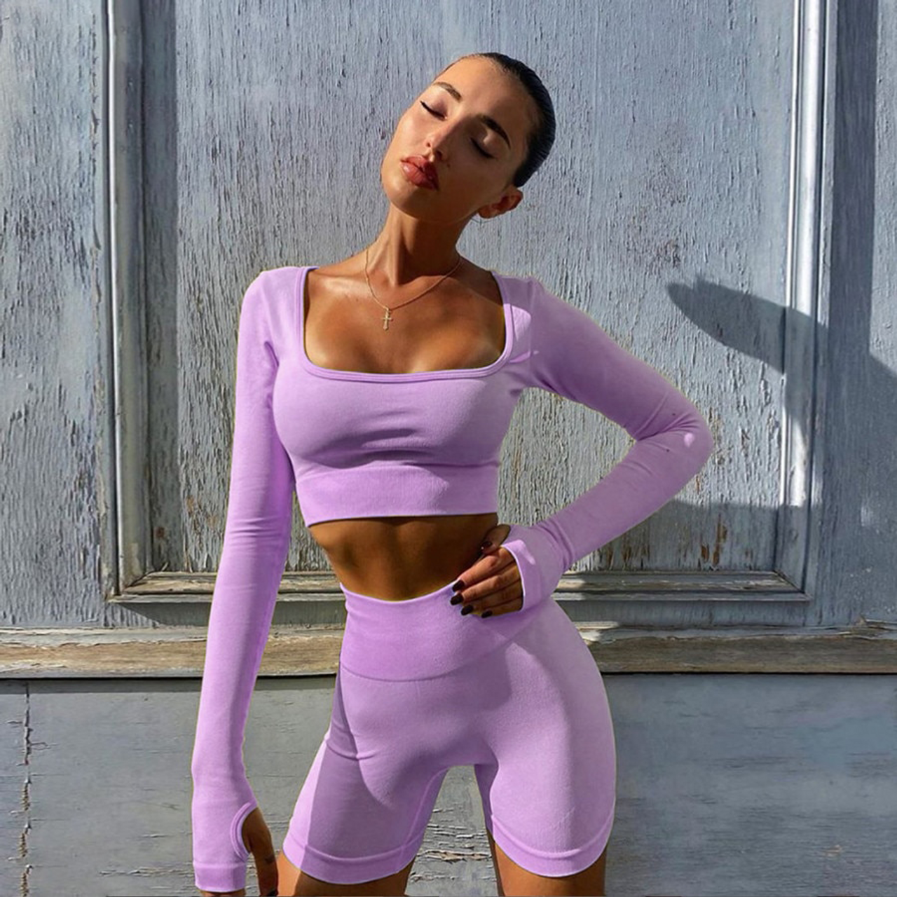 purple biker short set