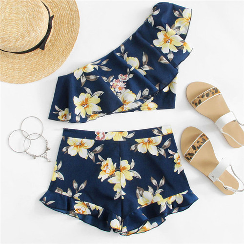 Flower Print One Shoulder Crop Top And Shorts Set Women Sleeveless Ruffle Zipper 2 Pieces Sets 2018 Beach Boho Twopieces