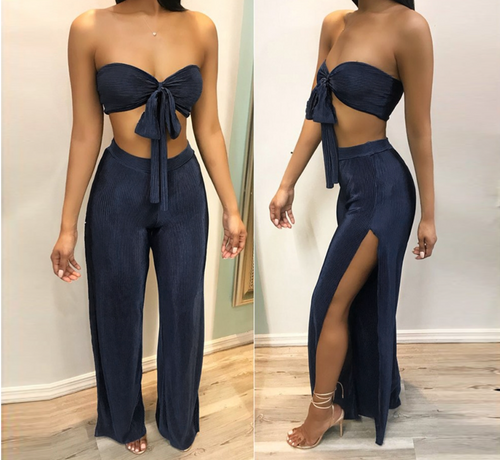 Navy blue lace up sexy jumpsuit Women two-piece suit strapless winter jumpsuit romper Loose split jumpsuit overalls