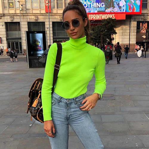 long sleeve Neon high neck bodycon green solid tops 2018 autumn winter women fashion streetwear casual T-shirts