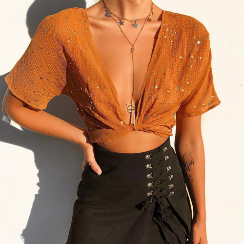 Chiffon Blouse Shirts For Women Summer Beach Short Cover up Tops Loose Boho Sweet Beachwear Sheer Short Sleeve Crop Top