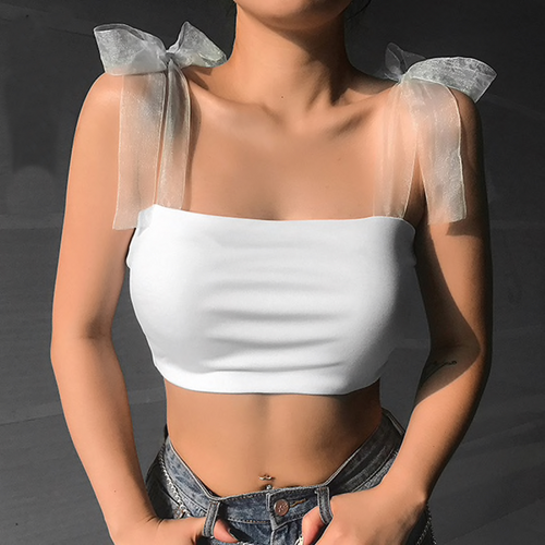 Sexy Backless White Crop Tops for Women Summer Camis Top Bow Mesh Straps Sleeveless Tube Tanks Cropped Feminino