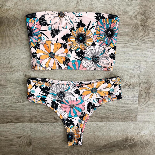  2019 New Arrival Beachwear Flower Print Strapless Sexy Bikini High Waist Swimwear Women Brazilian Swimsuit Female S-L