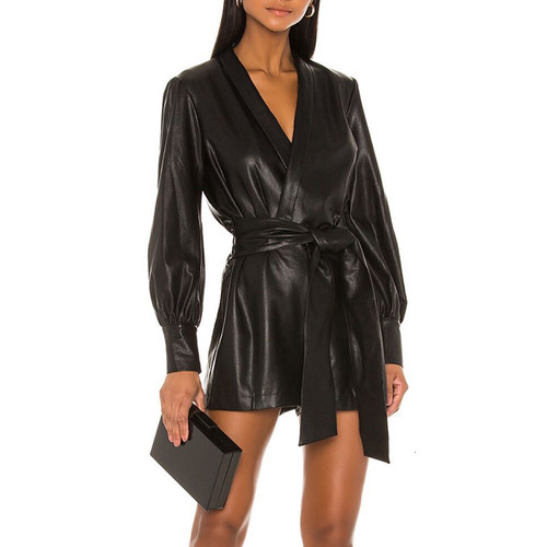 Black PU Leather Playsuits For Women V Neck Lantern Long Sleeve High Waist Lace Up Playsuit Female Fashion 2019 New