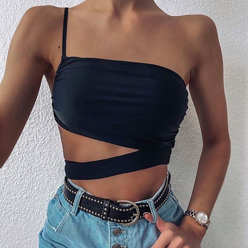 Sexy Summer Crop Tops 2020 One Shoulder Spaghetti Strap Hollow Backless Cami Neon Orange Black Festival Clubwear C67I5