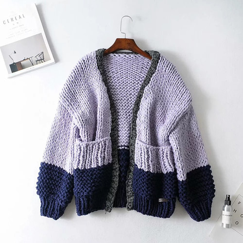 Patchwork Hit Color Knitting Sweater For Women Cardigan Lantern Sleeve Casual Autumn Sweaters Female 2020 Fashion New Purple