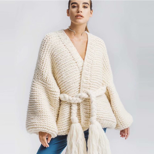 Pure handmade Women cardigan knitted sweater v neck solid beige gray pink loose long sleeve casual outwear autumn winter coat