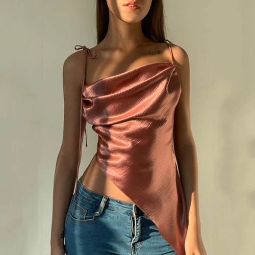 Satin Sleeveless Camisole Crop Tops for Women Ruched Backless Cropped Feminino Straps Top Vest Crop Top Streetwear