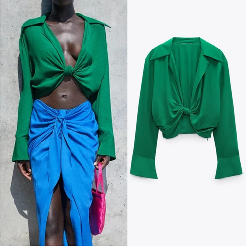Zevity Women Fashion Turn Down Collar Knotted Green Color Short Smock Blouse Female Long Sleeve Slim Shirt Chic Crop Tops LS9465