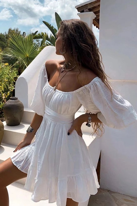 White Chic Boho Mini Dresses for Women 2022 High Waist Strapless Bowknot Beach Sundress Short Sleeve Bohemian Summer Dress