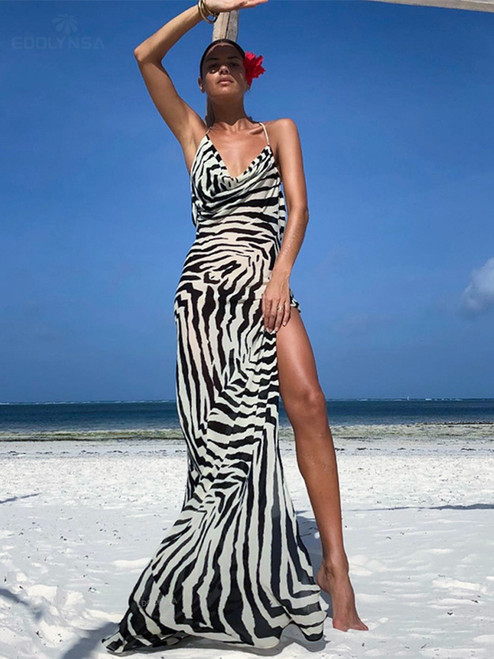 2022 Sexy Zebra Pattern Spaghetti Strap Side Split Back Open Long Beach Dress Summer Women Beach Wear Swim Suit Cover Up A1144