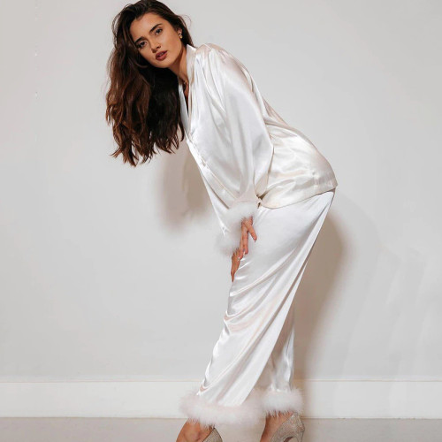 Pajama Sets For Women Patchwork Feather Sleepwear Solid Home Wear White Single Breasted Women's Nightwear Black Satin Pyjama White