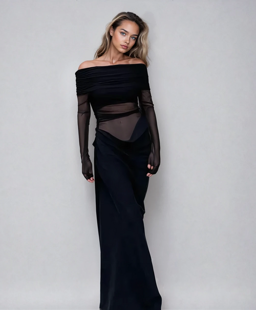 Tossy See-through Mesh Patchwork Long Dress Women's Sexy One Shoulder Party Dress Solid Color Hollow Long Sleeve Long Dress 2025