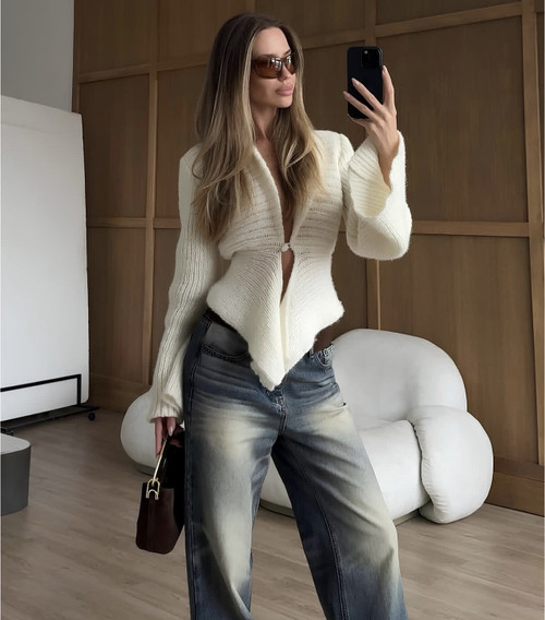 Tossy White Vintage Knit Sweater Cardigan For Women Hollow Out Loose Elegant Autumn 2025 Cover up Knitwear Female Cardigan Top