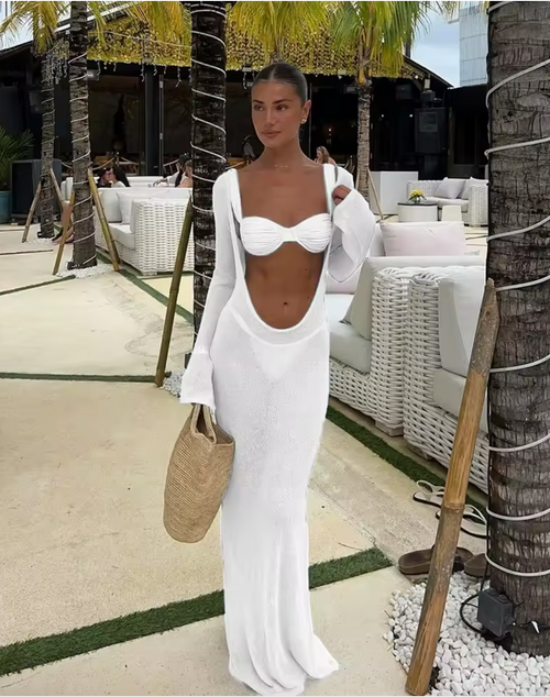 Perspective Sexy Backless Hollow Long Dress 2025 Spring Long Sleeve Knitted Beachwear Dresses Summer O Neck Solid Cover Up Dress