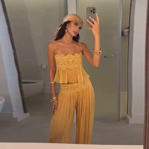 Beach Floral Lace Hollow Out Women's Pants Sets Ruffles Spaghetti Strap Crop Tops Loose Pleated Lantern Pant 2026 Summer Suits Yellow