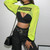 Letter Printed Sexy Mesh Cropped T Shirt Womens O-Neck Long Sleeve Crop Top Summer See Through Party Night Club Tee Tops