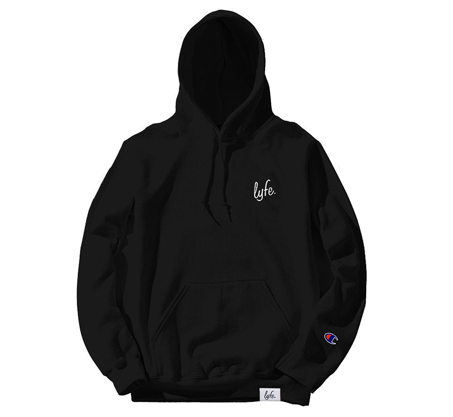 black hoodie with writing