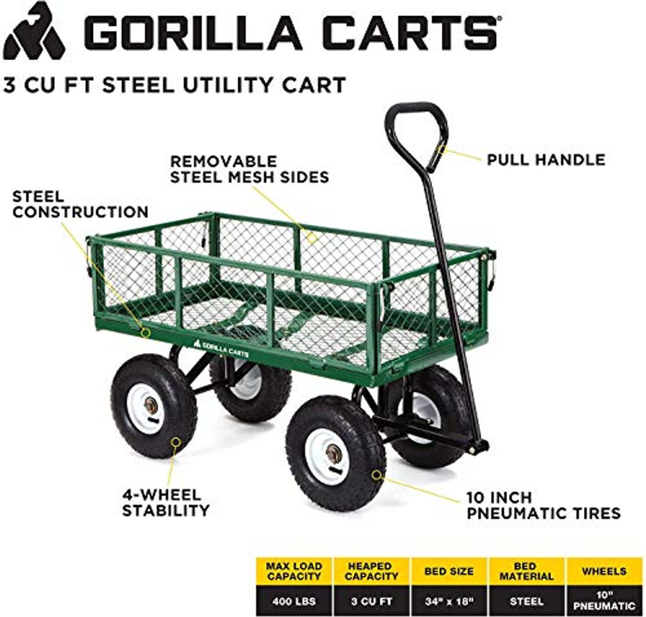 Gorilla Carts Steel Utility Cart 600 Pound Capacity