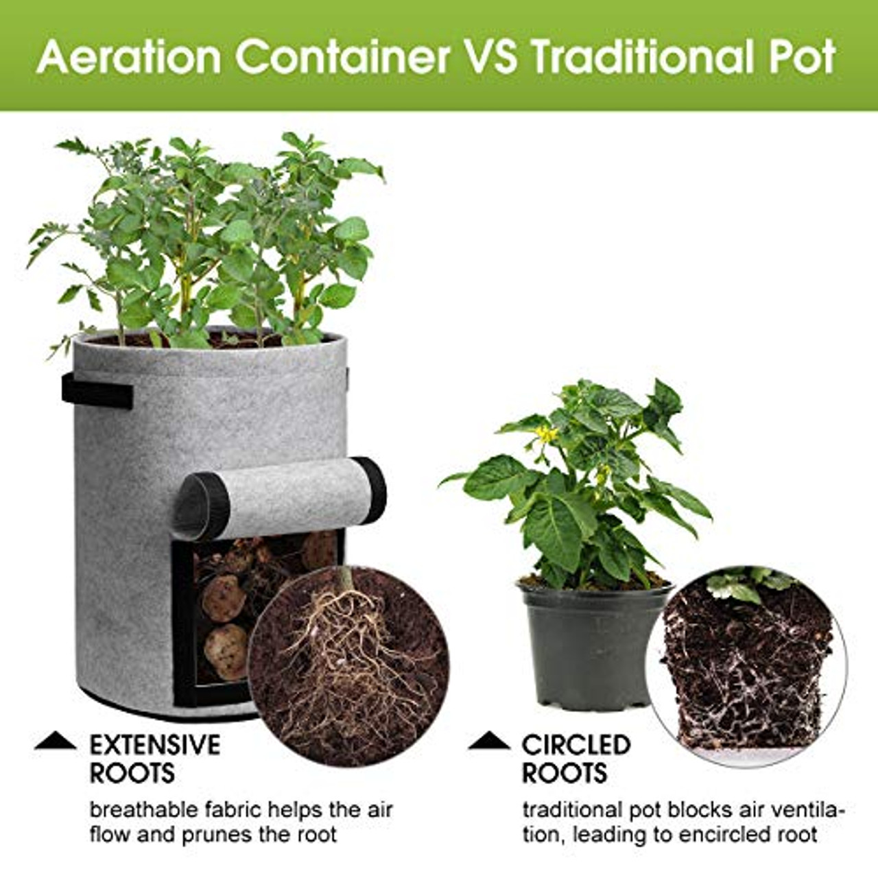 Homyhoo Potato Grow Bags with Flap 10 Gallon, 4 Pack Planter Pot with  Handles and Harvest Window for Potato Tomato and Vegetables, Black and Gray