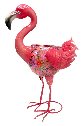 Metal Pink Flamingo Planter with Floral Pattern Design, Flower Pot, Lawn and Patio Garden Decor, Sculpture Ornament, Bird Gift, Hand Painted Figurine, Yard Art