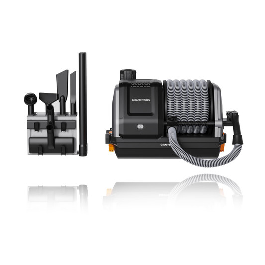 Giraffe Tools Grandstorm Retractable Vacuum with 30 FT Hose Anti-Kink, Wall-Mounted Vacuum Cleaner with 6 Nozzles for Garage Detailing Remote Control Shop Vac, Grey