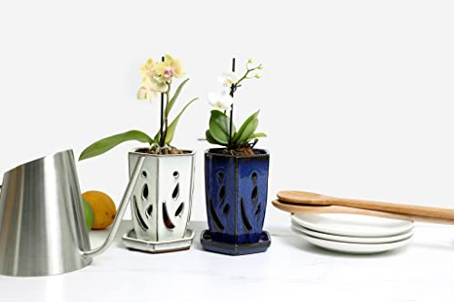 rePotme 4 x 6 inch Hexagon Ceramic Orchid Pot with Holes (Midnight