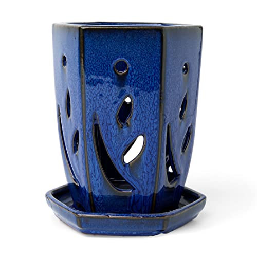 rePotme 4 x 6 inch Hexagon Ceramic Orchid Pot with Holes (Midnight