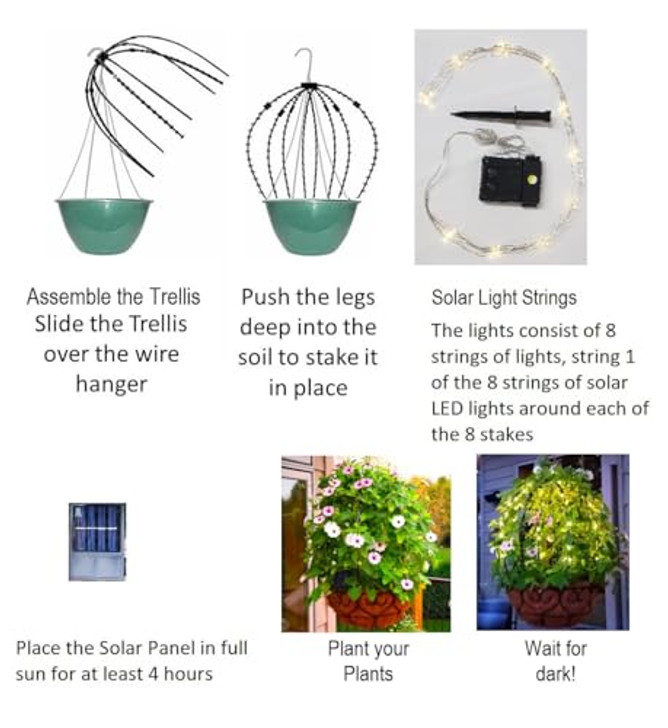 Scroll Trellis Climbing Topiary Frame Hanging Basket Plant Support 18” x 20″ Polypropylene Waterproof Outdoor Lights for Decorative Hanging Pots (1 Pack with Warm White Solar Lights)