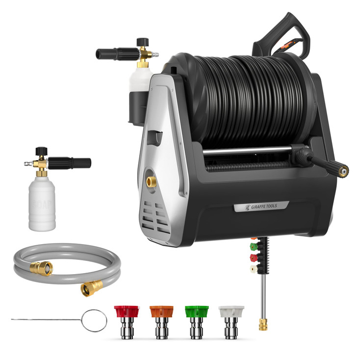 Giraffe Tools Wall Mounted Pressure Washer Essential with Upgraded 1800W Motor, 2900 PSI, 2.2 GPM Electric Power Washer, Automatic Rewind, 100ft Pressure Hoses, 5 Nozzles for Floor/Cars/Fences/Patios