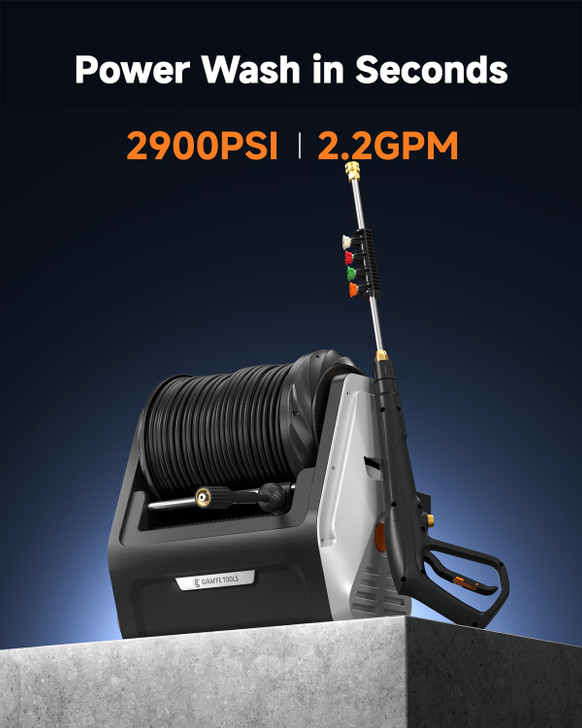 Giraffe Tools Wall Mounted Pressure Washer Essential with Upgraded 1800W Motor, 2900 PSI, 2.2 GPM Electric Power Washer, Automatic Rewind, 100ft Pressure Hoses, 5 Nozzles for Floor/Cars/Fences/Patios