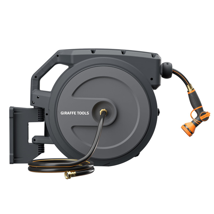 Giraffe Tools Heavy-Duty Wall-Mounted Hose Reel, 5/8" x 90 ft Retractable Hose with Automatic Rewind, 180° Swivel, Any-Length Lock & 9-Pattern Nozzle (Dark Grey)