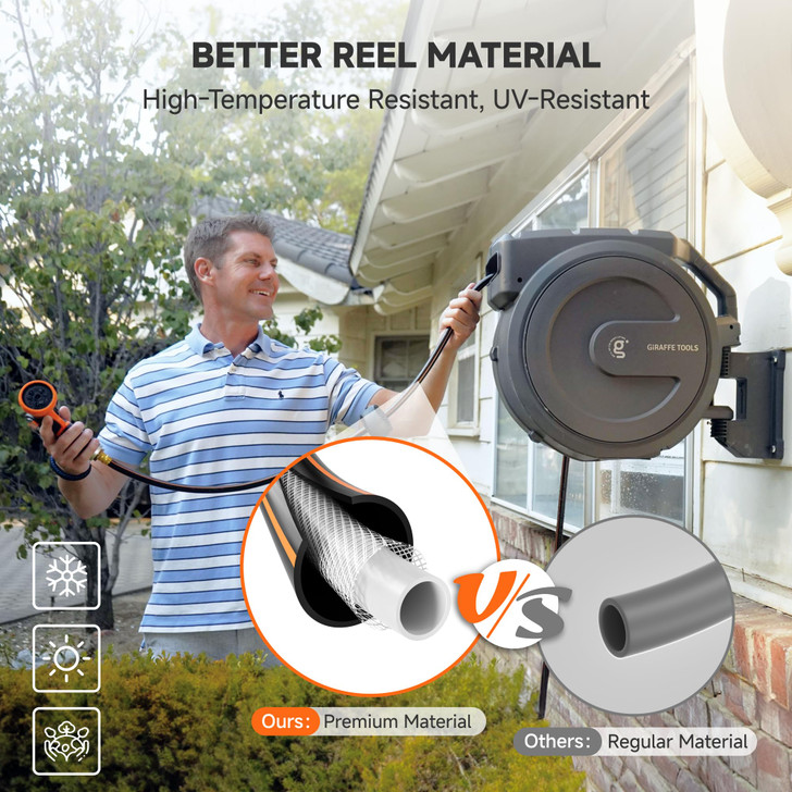 Giraffe Tools Heavy-Duty Wall-Mounted Hose Reel, 5/8" x 90 ft Retractable Hose with Automatic Rewind, 180° Swivel, Any-Length Lock & 9-Pattern Nozzle (Dark Grey)