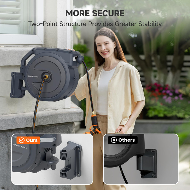 Giraffe Tools Heavy-Duty Wall-Mounted Hose Reel, 5/8" x 90 ft Retractable Hose with Automatic Rewind, 180° Swivel, Any-Length Lock & 9-Pattern Nozzle (Dark Grey)